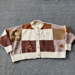 Anthropologie Luna Ivy Patchwork Chunky Knit Cardigan Boxy Button Sweater Small
